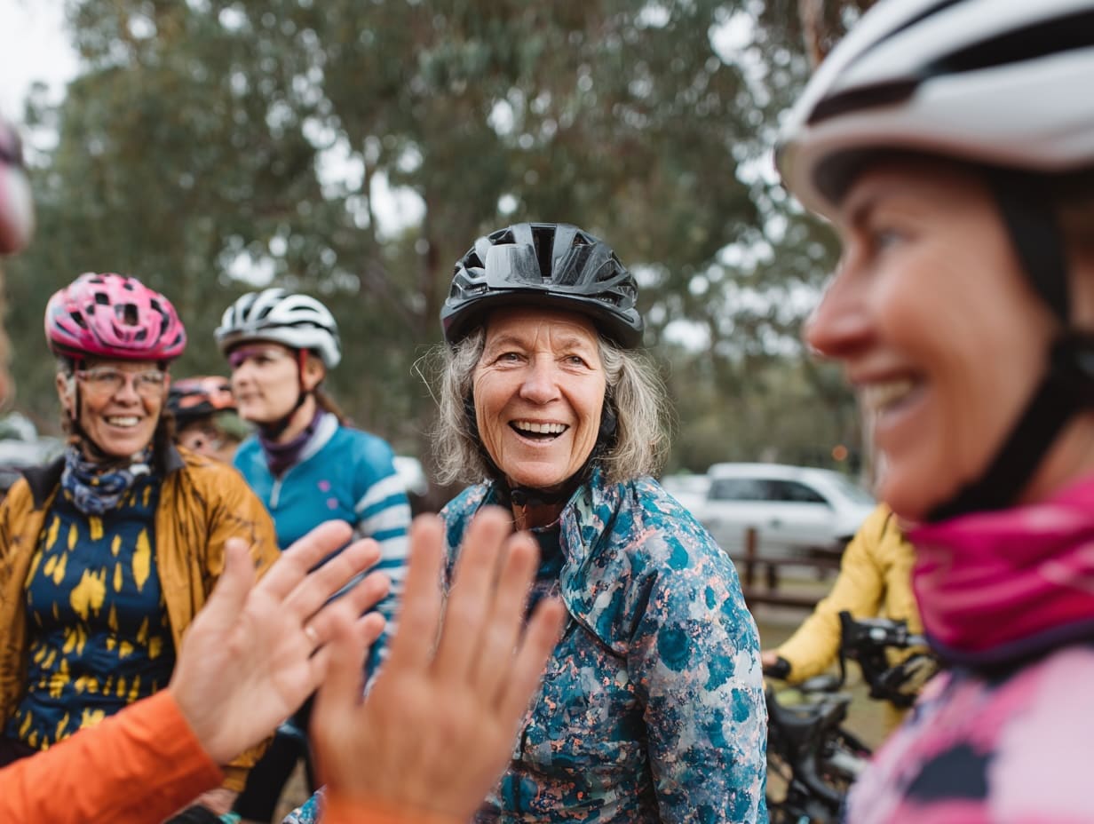 Supportive group of women cyclists at rest stop sharing community moments