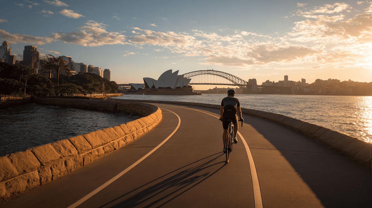 Cyclist on urban bike path with city skyline