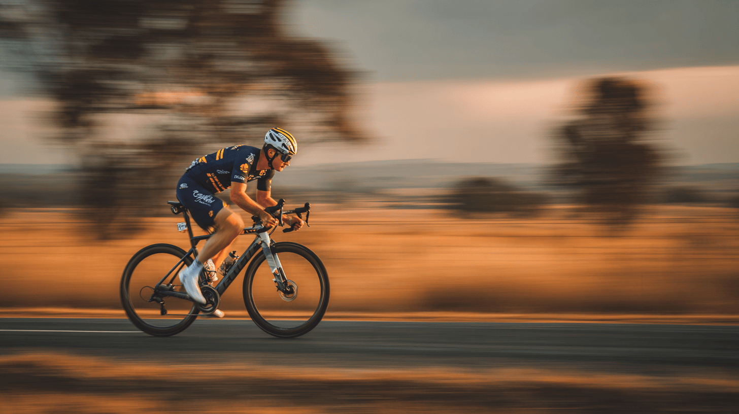 Professional cyclist racing at high speed in AU team colors
