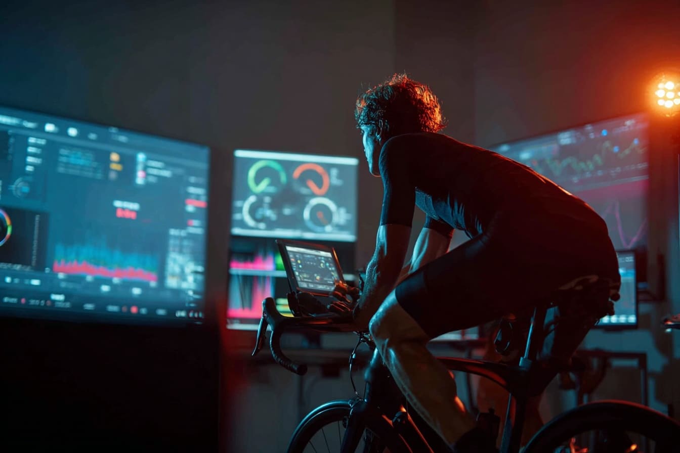 Cyclist training hard on indoor smart trainer