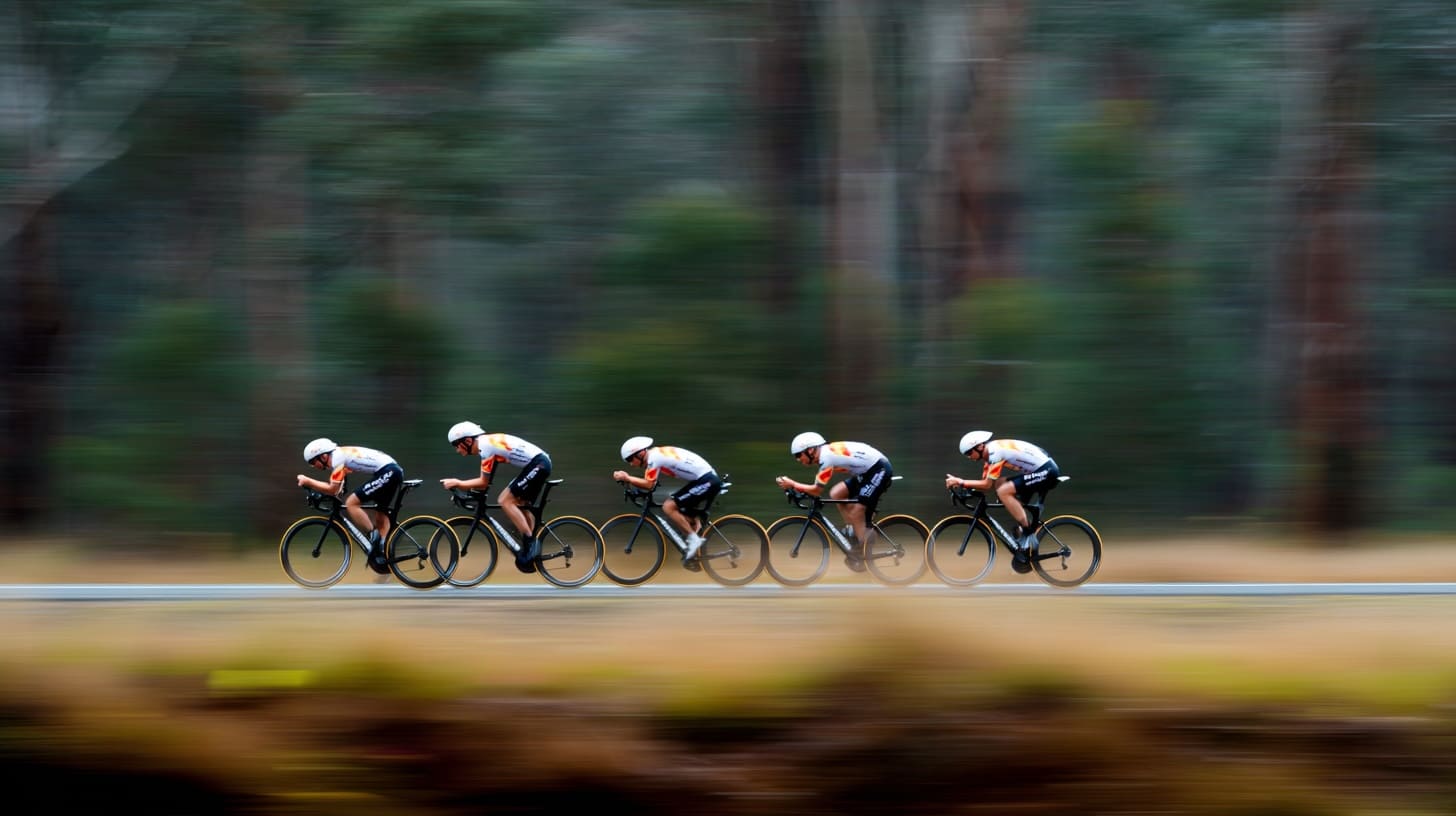 Pack of cyclists in tight formation during training ride