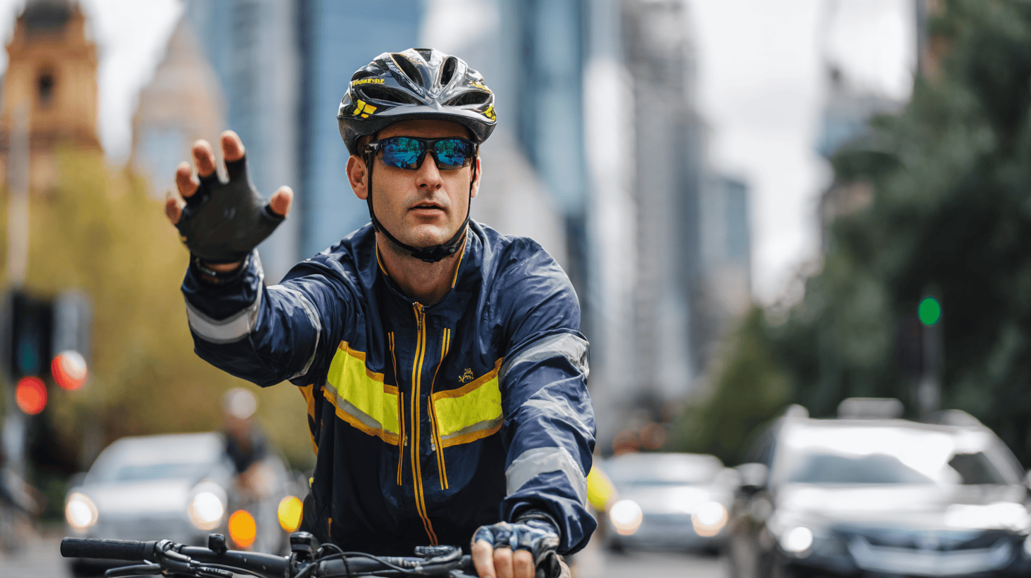 Cyclist safely navigating city traffic