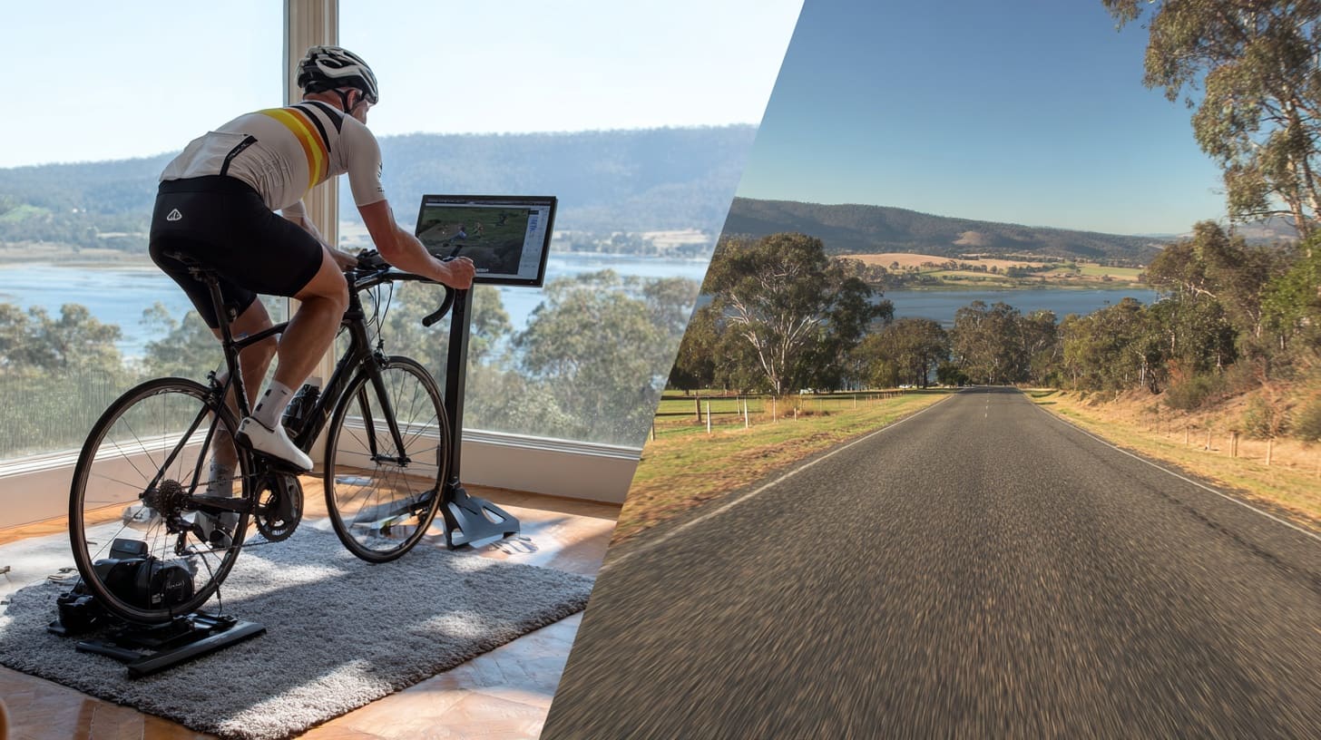 Split screen of cyclist on trainer and outdoor riding