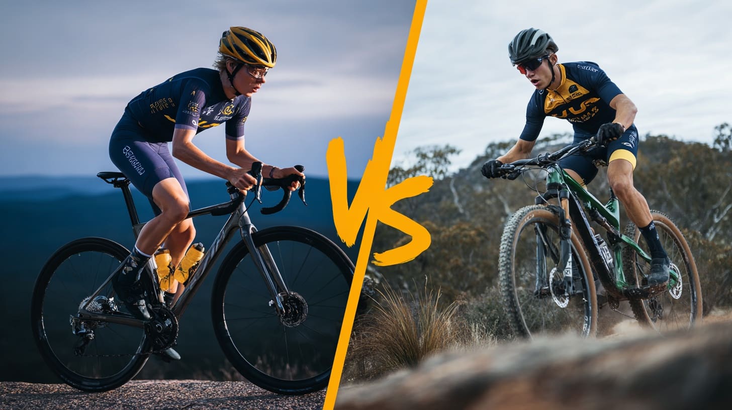 Split screen road cyclist vs mountain biker