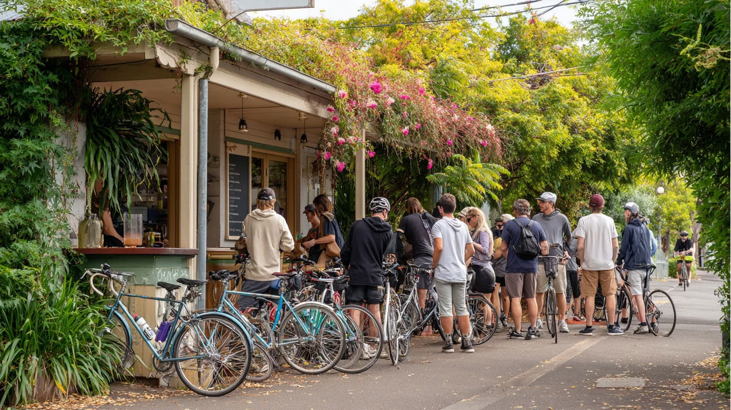 Group of cyclists at cafe stop