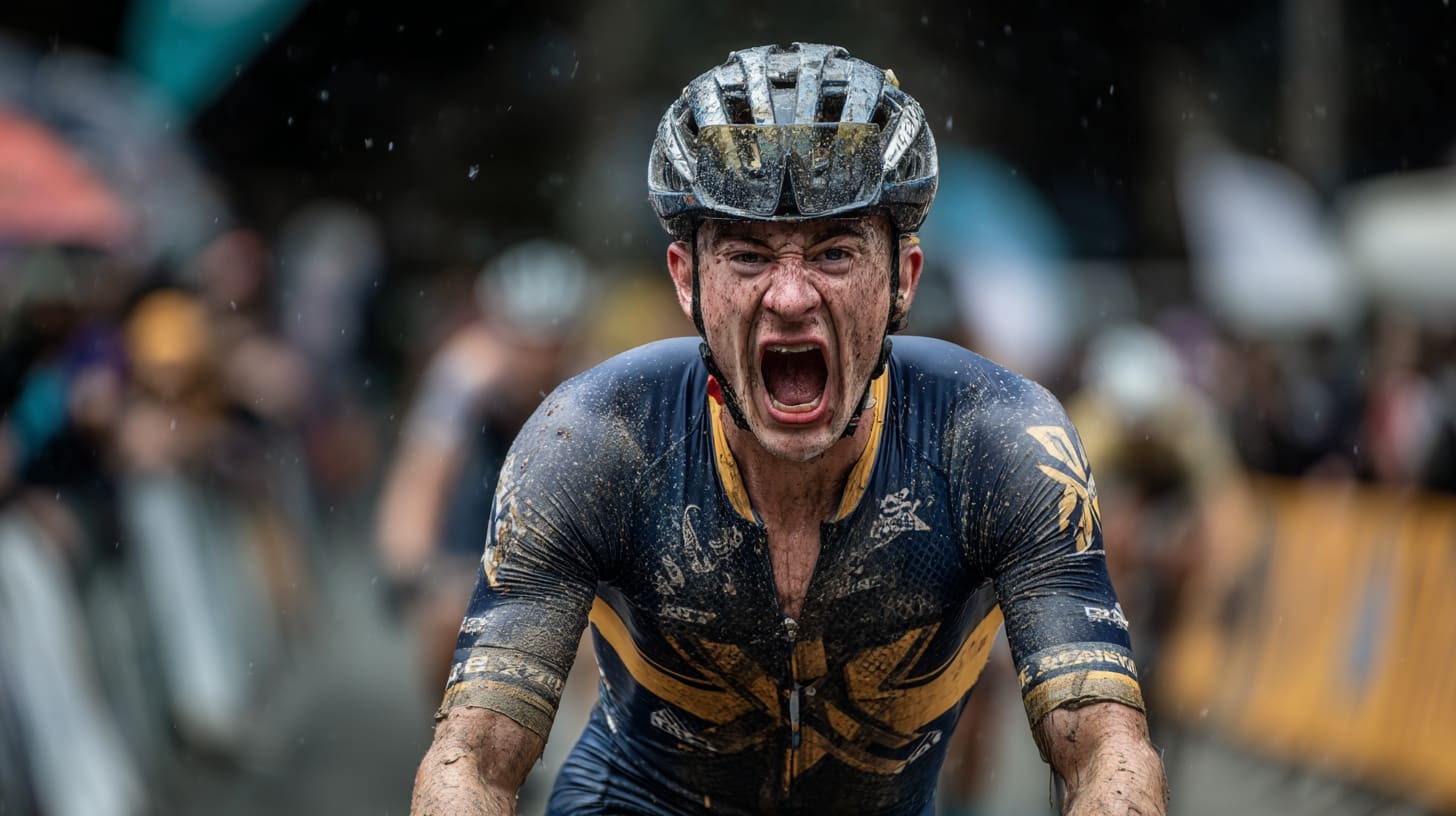 Cyclist showing mixed emotions